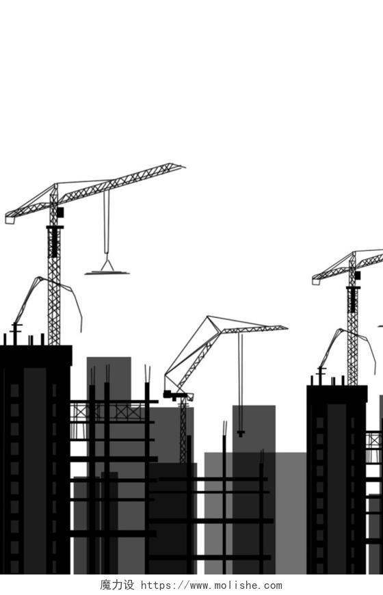 劳动节建筑工地楼房建筑塔吊黑白PNG素材 